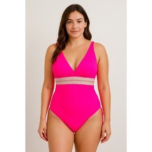 Womens Swimsuit Size M Hot Pink‎ One Piece Ruched Strappy Knit Barbiecore Y2K